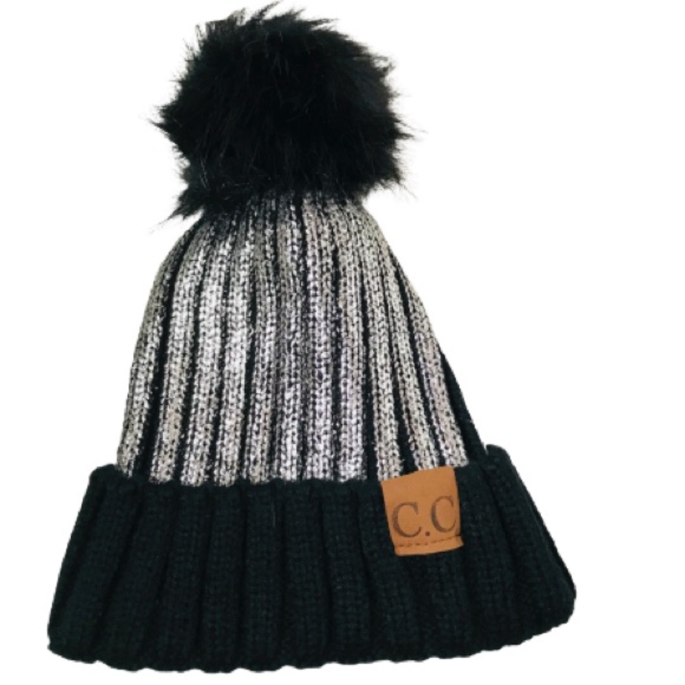 2/$25 CC Pom Beanie unique black silver winter hat